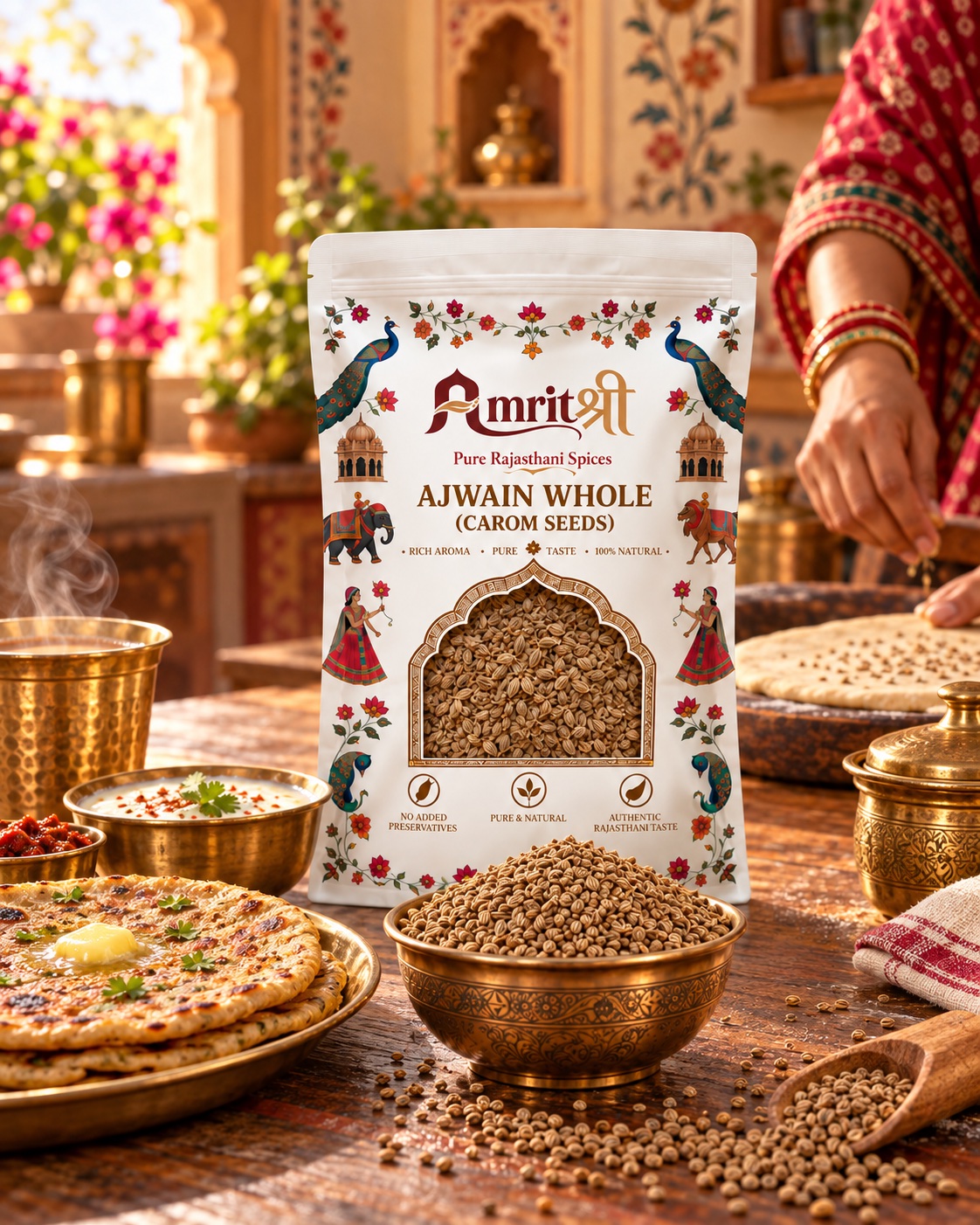AMRITSHREE Ajwain Whole pouch beside a Rajasthani meal