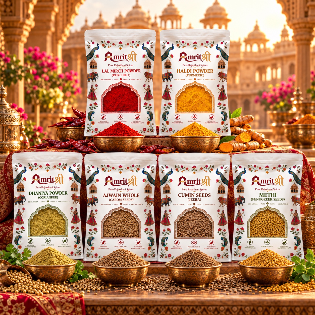 The complete AMRITSHREE spice collection arranged before Rajasthani architecture