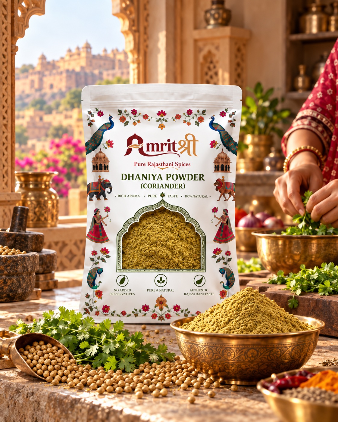 AMRITSHREE Dhaniya Powder pouch with fresh coriander