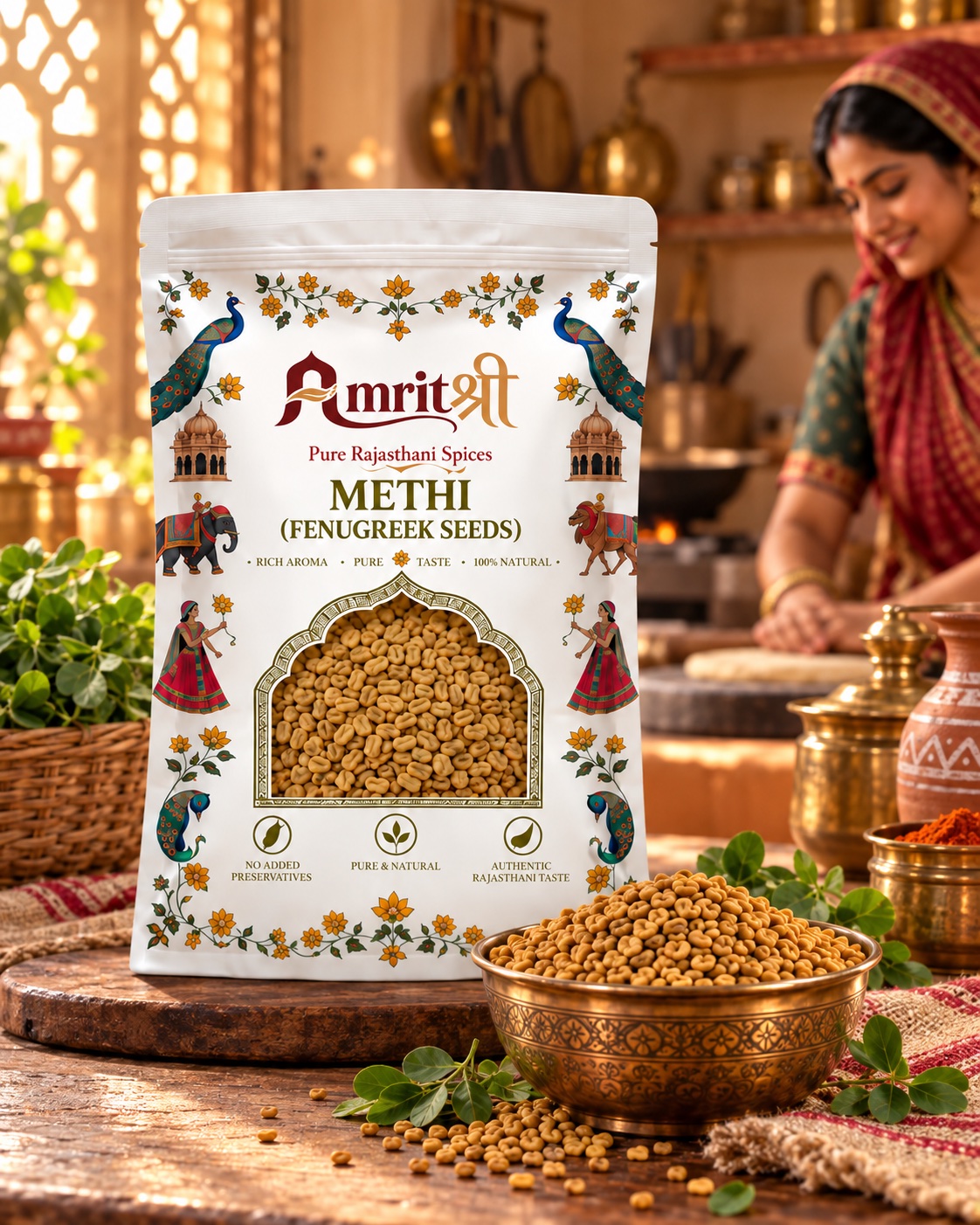 AMRITSHREE Methi pouch in a sunlit Rajasthani kitchen