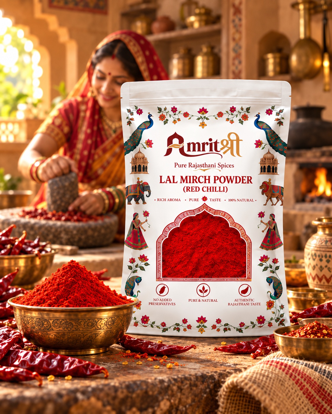 AMRITSHREE Lal Mirch Powder pouch in a Rajasthani kitchen
