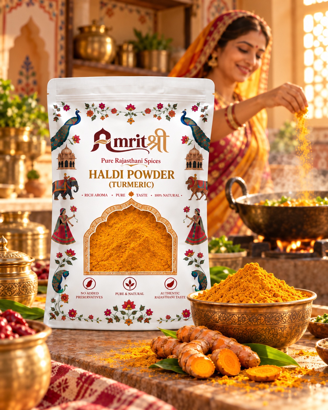 AMRITSHREE Haldi Powder pouch in a warm Indian kitchen